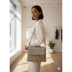 Chloe Faye Studded Suede Leather Shoulder‎ Bag Taupe Grey Gold Hardware Limited